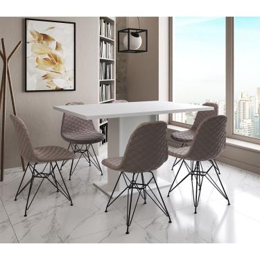 Imagem de Mesa Jantar Londres Retangular Branca137X90 6 Cadeiras Estofadas Nude Médio Ferro Preto