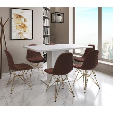 Imagem de Mesa Jantar Londres Retangular Branca 137X90 6 Cadeiras Estofadas Caramelo Base Dourado