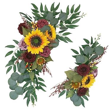 Imagem de Emivery Pacote com 2 flores de arco de girassol, girassol artificial, bordô, rosa, floral, arco de casamento, arranjo de flores para decoração de cenário de recepção de casamento