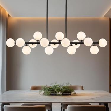 Imagem de PiWWPi Lustres Modernos Para Sala De Jantar, Ilha Cozinha, Lustre Grande Linear Sputnik Globe 140 Cm Comprimento, Luminária Meados Do Século Com 16 Lâmpadas Sobre A Mesa, Preto E Branco Leitoso, Gc-
