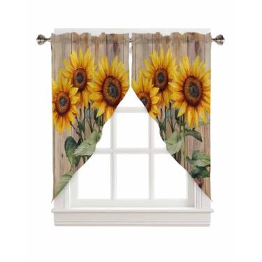 Imagem de Cortinas Swag, Cortinas de cozinha com bolso de haste amarelo girassol de verão para janela pequena quarto banheiro 2 painéis, 71 cm x 91 cm retrô marrom madeira floral