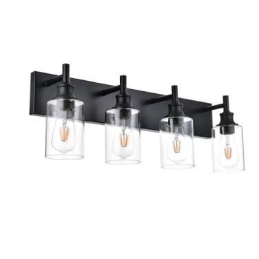 Imagem de Wanluce Luminária De Banheiro Com 4 Luzes, Preta, Sobre Espelho, Cúpulas Vidro Transparente, Arandela Parede Estilo Fazenda Para Quarto E Sala Estar