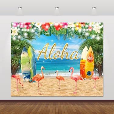 Imagem de Pano de fundo de praia 3 x 2,4 m para decorações de festa havaiana Aloha Luau verão mar tropical oceano litorâneo folhas de palmeira prancha de surf Flamingo fundo Aloha Festa Banner Decorações