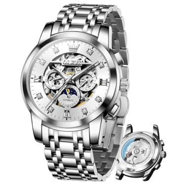 Imagem de OLEVS Relógios masculinos de luxo esqueleto automático mecânico masculino diamante fase da lua à prova d'água data relógio cavalheiro automático, 6721: branco prateado