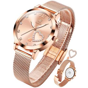Imagem de OLEVS Relógio feminino de malha com data, analógico, quartzo, feminino, vestido clássico, relógio de pulso feminino à prova d'água (azul/preto/branco), Ouro rosa, rosa, relógios de negócios femininos