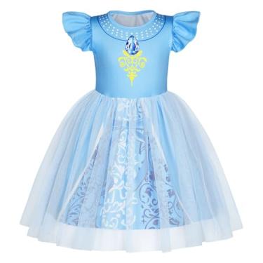 Imagem de HenzWorld Fantasia de princesa para meninas, vestido de Halloween, presentes de aniversário, festa, manga esvoaçante, vestidos de tule, roupas para cosplay, Azul claro, 5-6 Anos