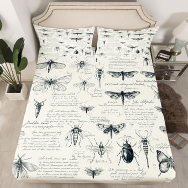 Imagem de Jogo de lençol solteiro com estampa de insetos e borboletas, estampa de insetos e besouros, para decoração de quarto de crianças, meninos e meninas, adulto, retrô, cinza, cáqui, 2 peças