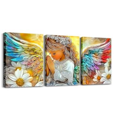 Imagem de Erosebridal Arte de parede em tela com tema de anjo bebê 30,5 x 40,6 cm arco-íris asas de halo de anjo emoldurado decoração de parede flores boho exóticas pôsteres pinturas de penas coloridas