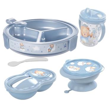 Imagem de Plasútil Kit Refeição Bebê 4 Peças, Prato Térmico com Ventosa 450ml, Tigela 240ml, Pote 320ml, Caneca, Azul