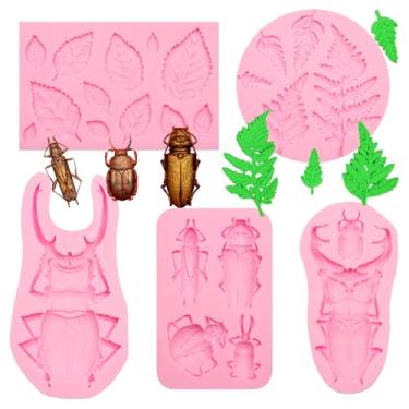 Imagem de Moldes para fondant de folha de besouro, conjunto de 5, folhas de samambaia de bordo de inseto, moldes de chocolate de silicone para decoração de bolos, topo de cupcake, argila doce, artesanato faça