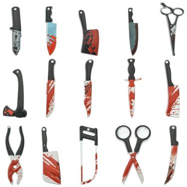 Imagem de DanLingJewelry 30 peças, 15 estilos, kit de berloques de acrílico com tema gótico, faca de serra de machado sangrante, tesoura, pingentes de Halloween para fabricação de joias