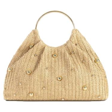 Imagem de Bolsa de praia de palha rebite feminina fofa bolsa de ombro Hobo bolsa de viagem bolsa de praia bolsa transversal bolsas de mão para noite de verão 2025, Caqui, Small