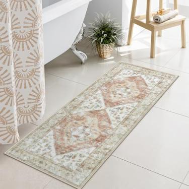 Imagem de Uphome Tapete de banheiro cáqui tribal grande boho ultra macio lavável à máquina tapete de banho antiderrapante oriental desgastado tapete para entrada de pia de chuveiro, 45,7 x 119,4 cm