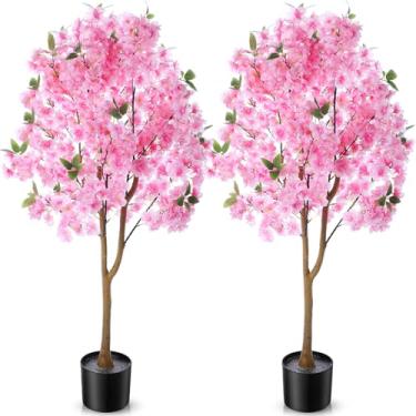 Imagem de Giegxin Pacote com 2 unidades de árvore de cerejeira artificial, 10 m, flores falsas Sakura, vaso de plantas internas com vaso de plástico para berçário de casa, varanda, quarto, casa, entrada e
