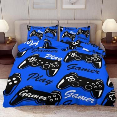 Imagem de Delerain Conjunto de capa de edredom solteiro, jogo de cama de 3 peças azul gamepad para meninos, meninas, adolescentes, moderno, microfibra macia, decoração de quarto, 1 capa de edredom + 2 fronhas