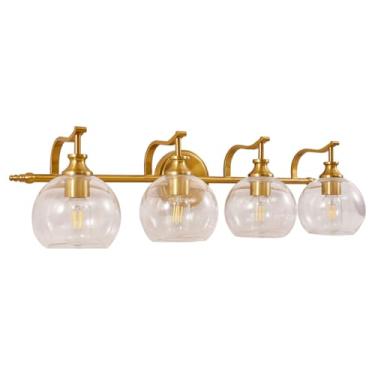 Imagem de ANDY STAR Luminária De Banheiro Brass, Dourada Para Banheiro, 4 Luzes, Arandelas Vintage 27,8", Iluminação Escovada Com Cúpula Vidro Transparente, Base E26 (Lâmpadas Não Incluídas)