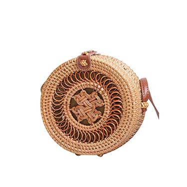 Imagem de SHAREYOIU Bolsa de vime redonda tecida à mão, ombro natural, chique, estilo praia tropical, tecida com alça de couro, Espiral, 7 x 3.2 inches