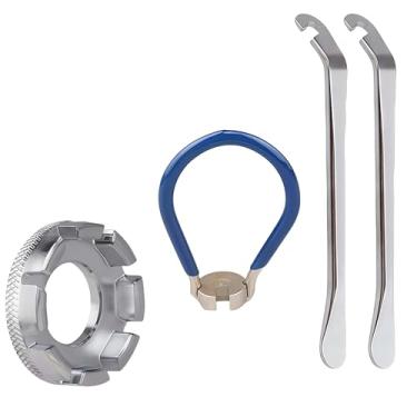 Imagem de 4 peças chave de raio de bicicleta ferramenta de raio de bicicleta com 2 peças de alavanca de pneu kit correto de aro de bicicleta ferramentas de bolso de ciclismo para reparo de bicicleta (conjunto