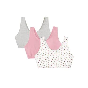 Imagem de Fruit of the Loom Sutiã feminino de algodão – Melhor conforto e ajuste respirável, Botões de rosa dançantes/lilas/cinza, 44