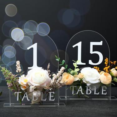 Imagem de Yalikop Número de mesa de casamento espelhado de acrílico 1-15 com cocho de flores 12,7 cm x 17,8 cm Centros de mesa rústica de casamento para chá de panela, eventos, recepções, banquetes