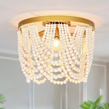 Imagem de AyshwillDec Luminária De Teto Embutida Com Contas Madeira Estilo Boho 3 Luzes 12,6" Para Quarto, Lustre Ajustável 2 Modos, Coastal, Entrada, Corredor, Cozinha