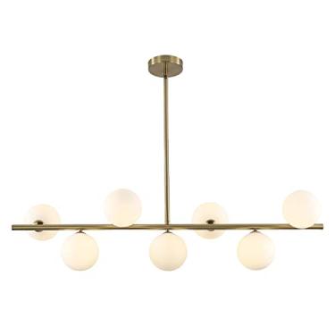 Imagem de BOKT Lustre Sputnik de latão escovado dourado globo moderno de meados do século luz pendente linear globo de vidro branco 7 luzes lustre redondo cozinha ilha sala de jantar luminária