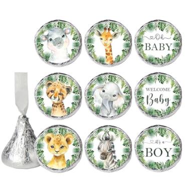 Imagem de Adesivos Safari Baby Shower Favors, 450 peças, animais da selva, chocolate, beijos de doces, etiquetas para chá de bebê