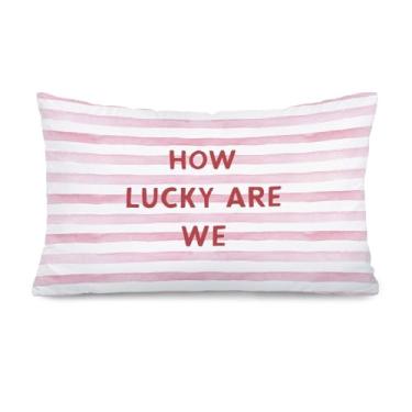 Imagem de XYDEG Capa de travesseiro rosa para decoração de quarto feminino 30,5 x 50,8 cm, How Lucky are We Preppy Pink listrado decorativo para quarto de meninas, dormitório universitário, sofá