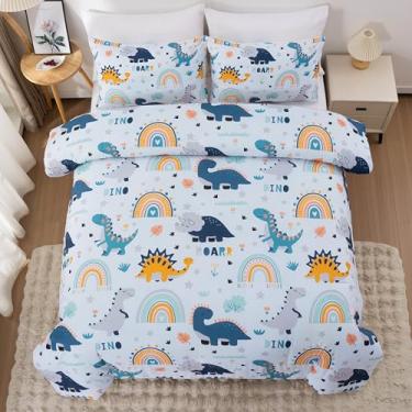Imagem de Btargot Conjunto de edredom leve e macio de 3 peças com 2 fronhas, desenho animado de dinossauros, folhas e flores, conjunto de cama para meninas, meninos e crianças, solteiro, prata