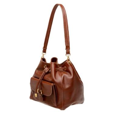 Imagem de Bolsa Saco em Couro Legítimo Feminina, Marrom, Alça de Ombro Ajustável, Fechamento com Cordão, 5.3 Litros