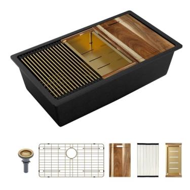 Imagem de Sarlai Pia de cozinha composta de granito 33 – 83 x 48 cm de granito embaixo da pia da cozinha estação de trabalho sob a montagem de quartzo branco clássico pia única bacia sob bancada com acessórios