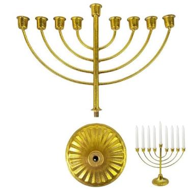 Imagem de Castiçal de Hanukkah para vela de 1,3 cm de diâmetro, menorá de ferro dourado, suporte decorativo de 9 ramos para decorações de Hanukkah, presente judaico.