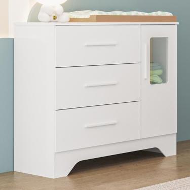 Imagem de Cômoda Infantil Popy Retrô Plus 1 Porta Com Janela E 3 Gavetas Branco Brilho - Móveis Peroba