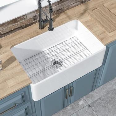 Imagem de HOMLYLINK Pia de fazenda branca 76 x 50 cm, avental Firecaly Front Farm Sink para cozinha, tigela única profunda resistente, suporte inferior, branco puro, com acessórios personalizados, 2 tipos