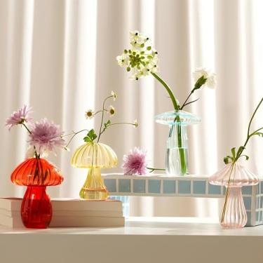 Imagem de 4 peças de vasos de flores de cogumelos fofos vasos coloridos para decoração de casa, pequenos vasos de propagação para plantas, decoração de plantas, plantas, cogumelos, prateleira, mesa de café