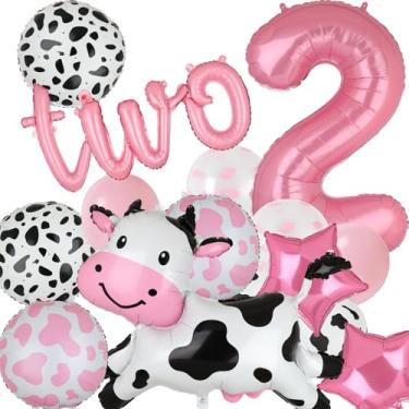 Imagem de Balão de vaca em forma de vaca balão Mylar decoração de festa de 2º aniversário rosa 101 cm grande número 2 balões bandeira de duas letras chá de bebê menina vaqueira tema animal de fazenda decoração