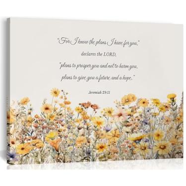Imagem de YOXORDQ Arte de parede em tela floral cristã Jeremias 29:11 Pôster de escritura de margarida amarela para sala de estar religiosa quarto oração canto decoração de parede 40,6 x 30,48 cm emoldurado