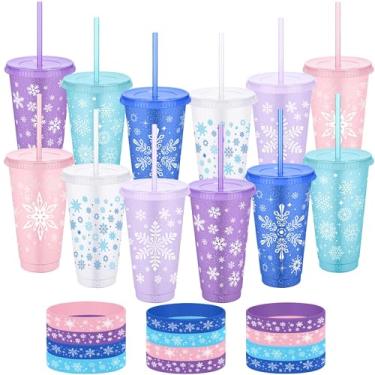 Imagem de Kochorie Conjunto de 24 peças de copos de lembrancinhas de festa de floco de neve 680 g Copos temáticos de Frozen com tampas e canudos, 12 pulseiras de silicone, copos de plástico reutilizáveis para