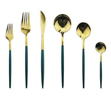 Imagem de Conjunto de talheres de aço inoxidável prata 18/10 da JASHII, conjunto de talheres dourados| 36 peças Cubiertos Dorados| Melhor presente de aniversário de casamento (6 conjuntos, alça verde, polidor dourado espelhado)