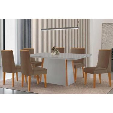 Imagem de Conjunto Sala de Jantar Tilia c/ Tampo Madeirado c/ Vidro Canto Curvo 180x90cm e 6 Cadeiras Dakota Madeira Maciça Naturale/Off White - Capuccino/Suede