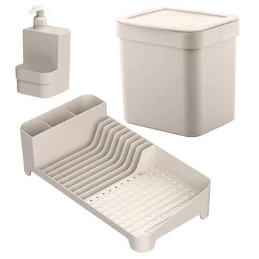 Imagem de Combo Lixeira De Pia 4,7L + Escorredor de Louças + Dispenser 500ml KTE143 - Ou Bege