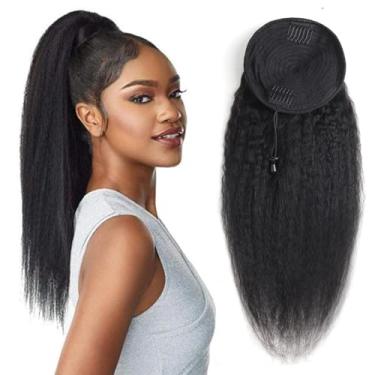 Imagem de Extensão de rabo de cavalo com cordão de extensão de cabelo humano em extensões de cabelo rabo de cavalo para mulheres negras, encaracolado, ondulado, grosso, aparência natural, cabelo humano liso e