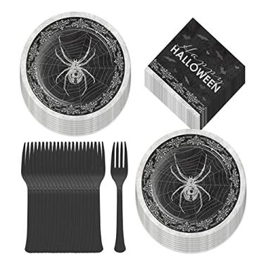Imagem de Pratos de sobremesa de papel vintage para festa de Halloween, guardanapos e garfos de aranha (serve 16)