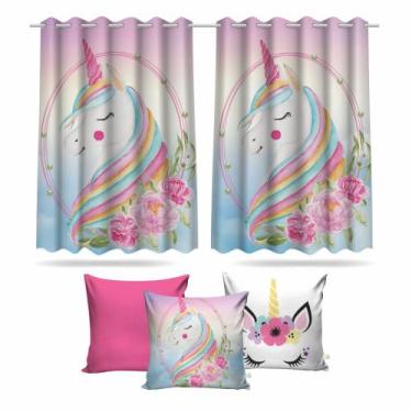 Imagem de Kit Cortina Infantil Unicórnio Mod 2 + 3 Capas Almofada - DECORANDO E 