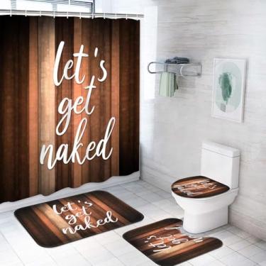 Imagem de ArtSocket Conjunto de cortina de chuveiro abstrata vintage listrada marrom laranja 4 peças com tapetes, tapete antiderrapante, tampa de vaso sanitário, tapete de banheiro e 12 ganchos 183 x 183 cm