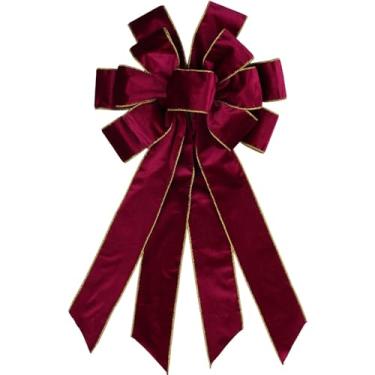 Imagem de YKW Grande laço de Natal de veludo vermelho 53 cm x 29 cm com borda dourada - laço de guirlanda premium para porta da frente, topo de árvore, decorações de férias internas ao ar livre, ornamento de