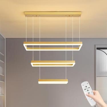 Imagem de Lustres modernos para sala de estar, sala de jantar, lustre retangular de 3 anéis com controle remoto de escurecimento, luminária pendente suspensa com altura ajustável, dourado