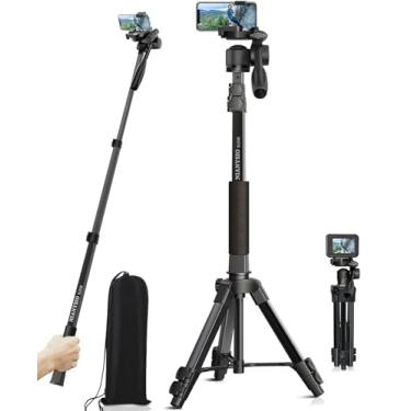 Imagem de Tripé profissional de câmera portátil de 66,7 polegadas para fotografia, tripés de telefone de alumínio resistente, compatível com câmera e iPhone para viagens de gravação de vídeo