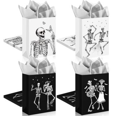 Imagem de Gersoniel 24 sacos de presente de papel de Halloween com esqueleto de tecido, lembrancinhas de festa de Halloween, crânio preto e branco, sacos de guloseimas a granel, engraçados, hippie dançando