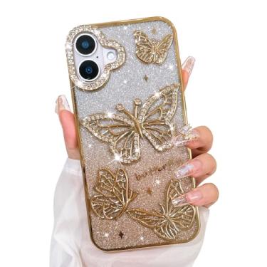 Imagem de Bonoma Capa com glitter para, linda capa com estampa de borboleta 3D, proteção da câmera, capa traseira macia e brilhante para mulheres e meninas, dourada